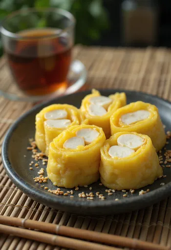 Tamagoyaki tofuval, omlett gazdag tofus töltelékkel