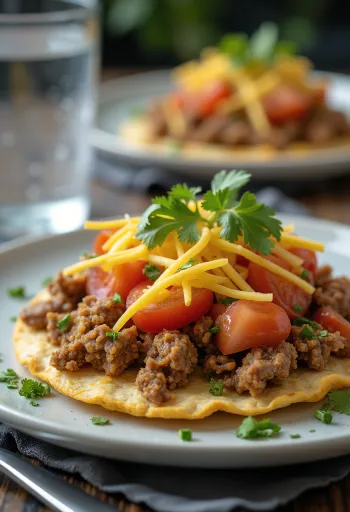 Tostada marhahússal, ropogós tortilla sajttal és korianderrel díszítve