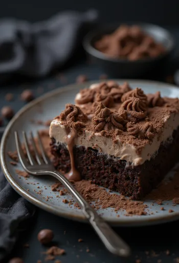Tres leches csokoládéval, tejjel átitatott piskóta fehér tányéron