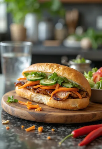 Bánh Mì Thịt sült sertéshúsos szendvics friss zöldségekkel és korianderrel tálalva.