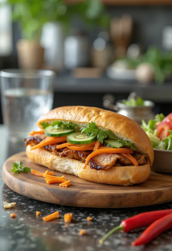 Bánh Mì Thịt sült sertéshúsos szendvics friss zöldségekkel és korianderrel tálalva.