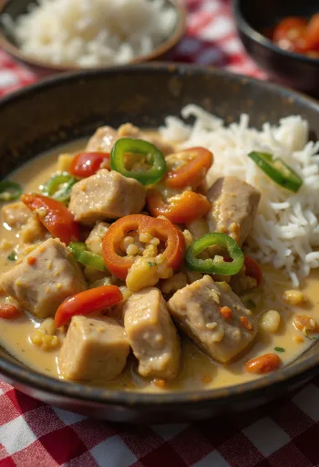 Bicol Express kókuszkrémmel, tálalva piros és zöld chilivel egy világos tálban