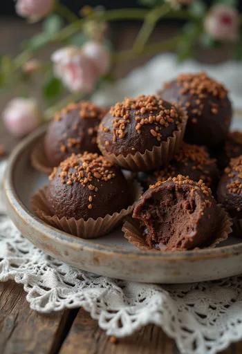 Brigadeiro csokoládéval, csokoládés golyók friss kakaóporral díszítve
