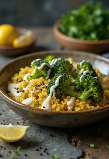 Brokkolis quinoa curry Buddha-tál lime tahinivel tálalva