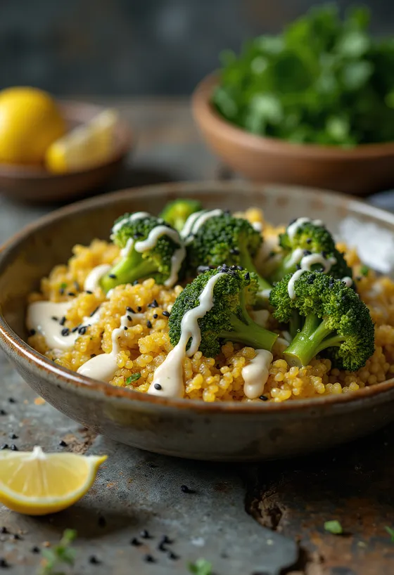 Brokkolis quinoa curry Buddha-tál lime tahinivel tálalva