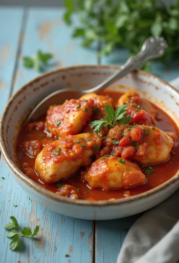 Cacciatore csirke paradicsomos szósszal, paprikával és fekete olívával tálalva