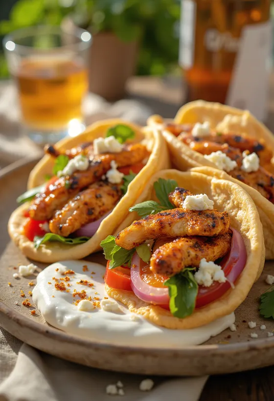 Csípős gyros sült csirkével, friss zöldségekkel és pikáns tzatziki szósszal