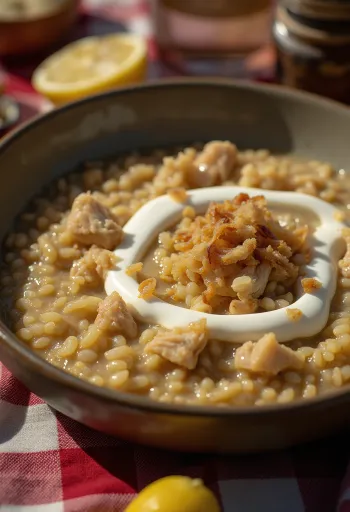 Haleem árpával, joghurttal és friss korianderrel tálalva