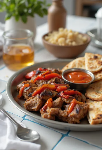 Iskender kebab sült paprikával joghurtos fokhagymás öntettel és pirított pitával tálalva