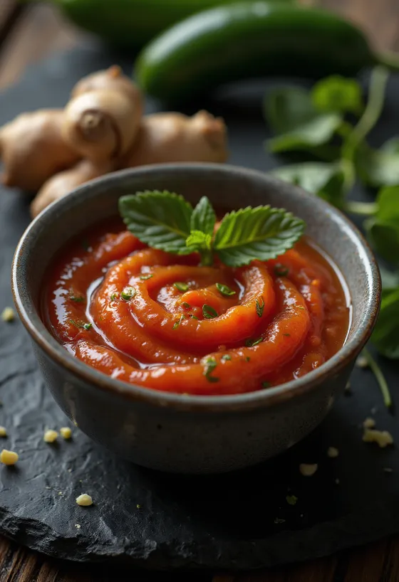 Jalapeños gyömbéres paradicsomszósz tálalva