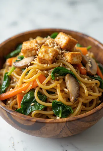 Japchae vegán változat tofuval tálalva, édesburgonya tésztával és zöldségekkel