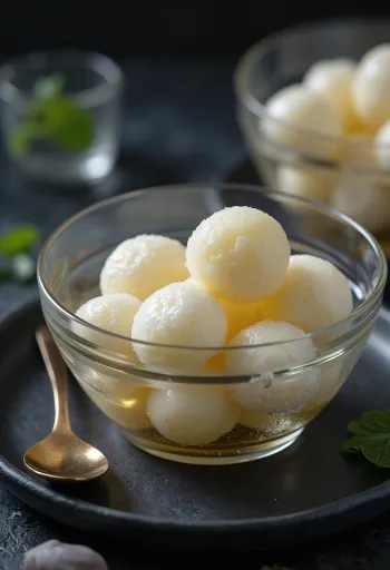 Klasszikus Rasgulla, cukros szirupban úszó túrós gömbökkel