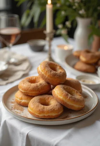 Krofne fahéjas cukorral, friss fánk, díszítve fahéjas cukorral