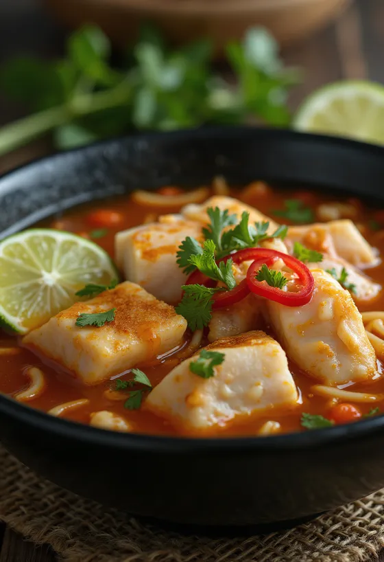 Laksa tambelan, tamarindos kókusz alapú leves halhússal, tésztával és friss zöldségekkel tálalva.