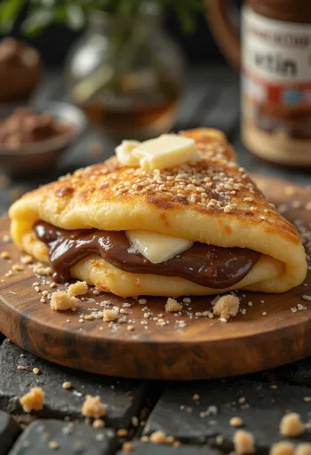 Martabak Manis Nutellával, egy félbehajtott finomság Nutellával és szezámmaggal a tetején.