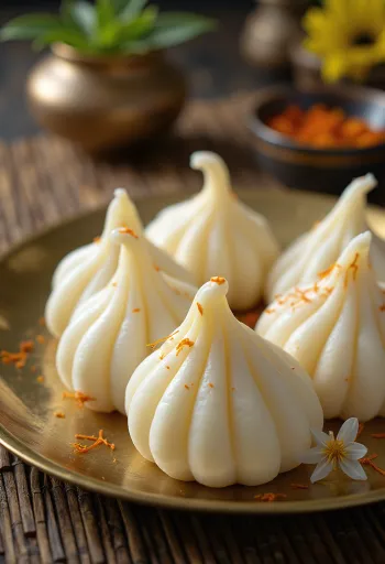 Mawa modak sűrített tejből, kókuszreszelékkel, mandulával töltve