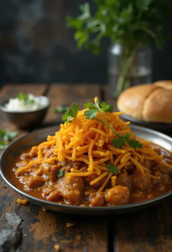 Misal pav extra farsannal, csicseriborsóval, friss korianderrel és pirított pav zsemlével tálalva
