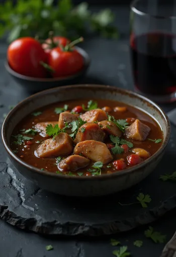 Moqueca tálalva, hal szeletekkel és vörösborral
