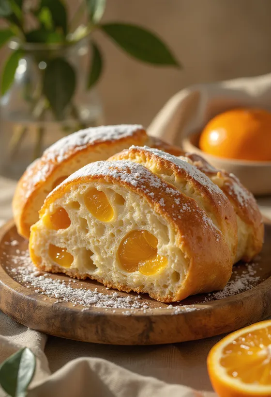 Narancsos-marcipános Stollen szeletelve, porcukorral meghintve