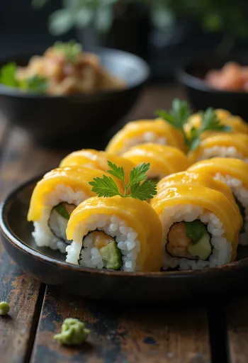 Oshizushi tamagóval, sushi rizs és tojásos omlett, tálalva egy tálban