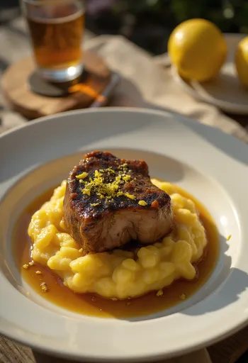 Osso buco polentával tálalva, zöldséges szószban, gremolatával megszórva
