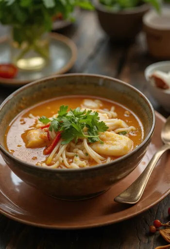 Penang laksa, tamarindos kókusz alapú leves halhússal és friss zöldségekkel tálalva.