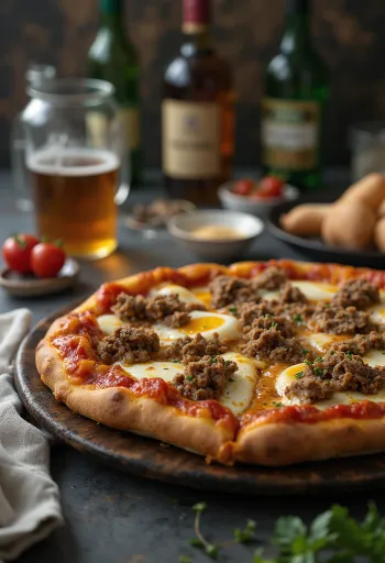 Mongol stílusú pizza tálalva bárányhússal és fűszerekkel