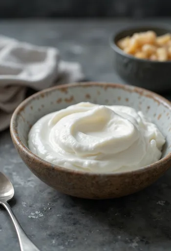 Probiotikus görög joghurt sűrű, krémes állagban fehér tálban tálalva