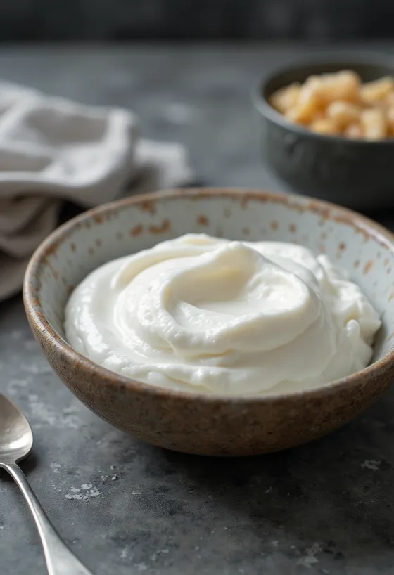 Probiotikus görög joghurt sűrű, krémes állagban fehér tálban tálalva
