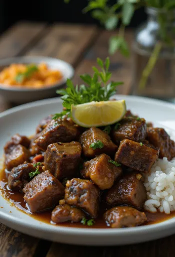 Rendang Kambing tálalva, gazdag fűszerekkel és kókusztejjel