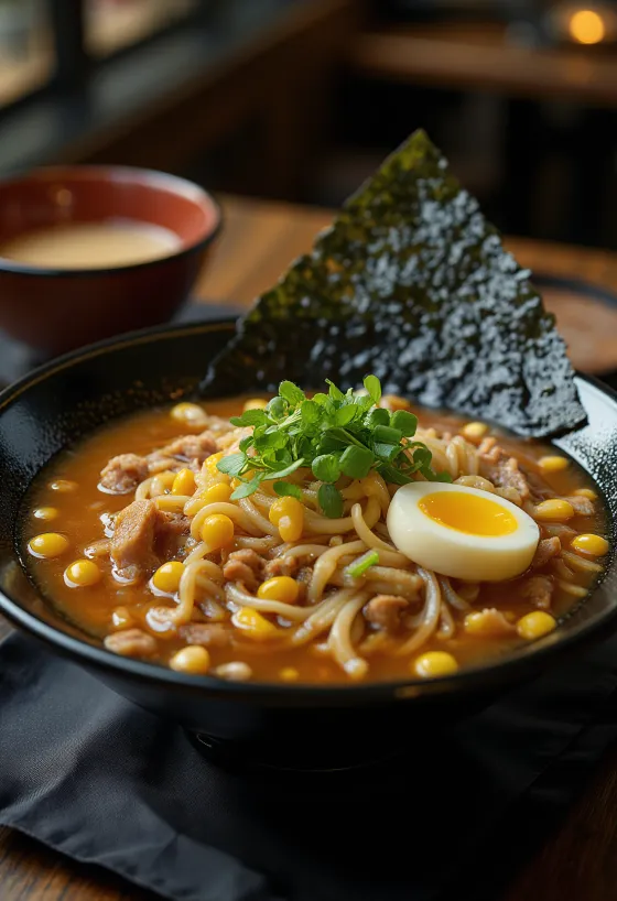 Sapporo ramen misós alaplével, kukoricával és vajjal tálalva