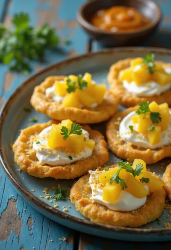 Sev puri mangó darabokkal, joghurttal és fűszerekkel