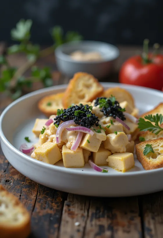 Skagenröra vegán változata tofuval és kaporral díszítve