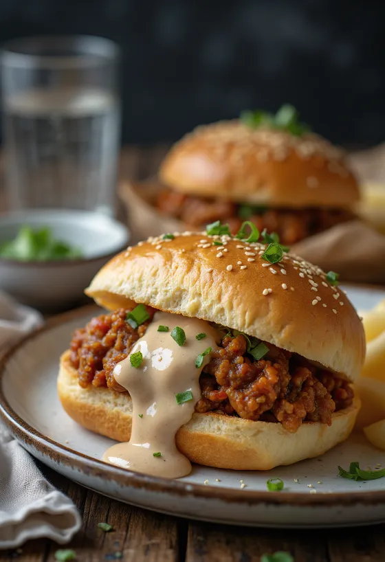 Tahinivel készült Sloppy Joe szendvics, gazdagon elhelyezett darálthúsos töltelékkel
