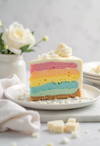Szivárvány mousse torta szeletekkel tálalva