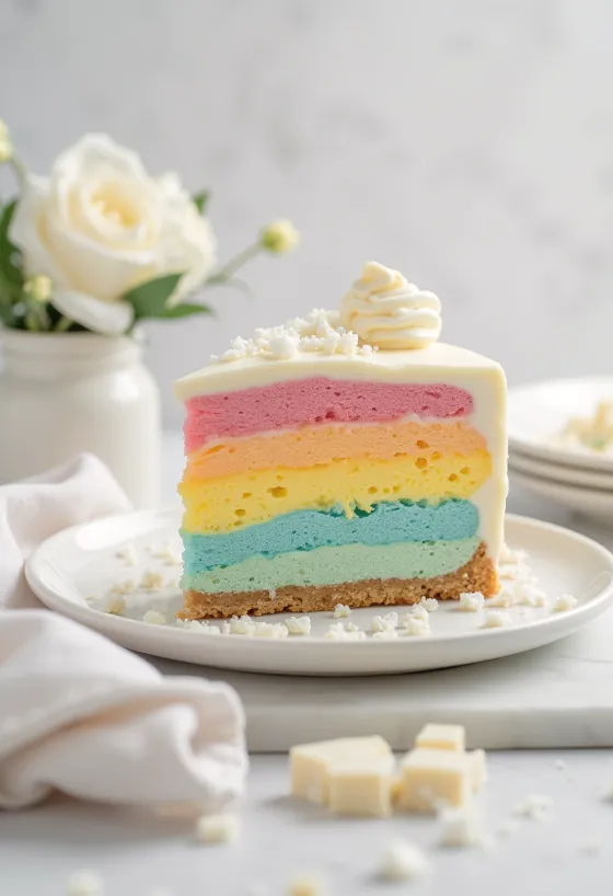 Szivárvány mousse torta szeletekkel tálalva