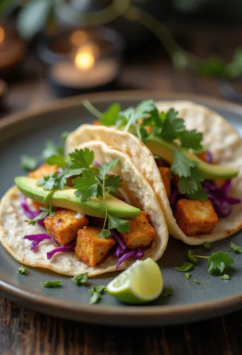 Tofu Taco fűszeres pirított tofuval, korianderrel és friss zöldségekkel