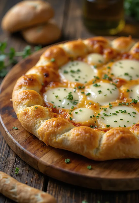 Töltött szélű Quattro Formaggi pizza tálalva