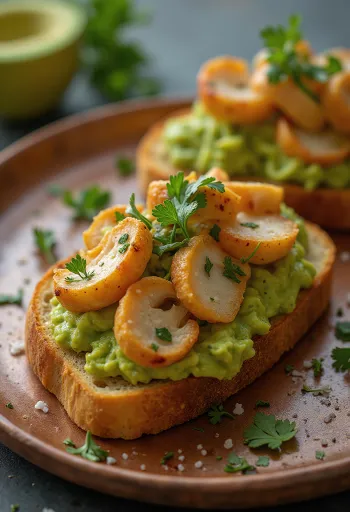 Tostón csirkével, avokádós guacamole-lal, pirított kenyéren tálalva