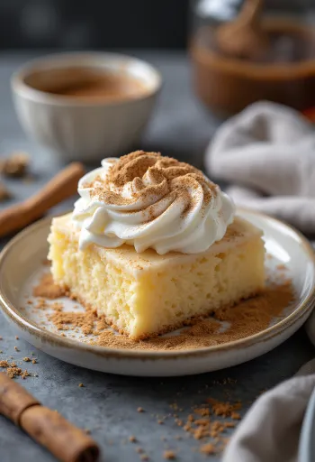Tres leches fűszeresen, tejjel átitatott piskóta fehér tányéron