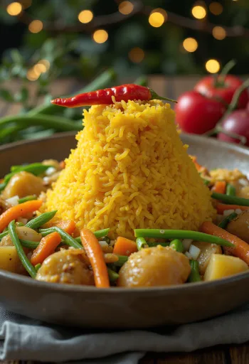 Tumpeng zöldségekkel tálalva, gazdag kókusztejes rizs friss zöldségekkel