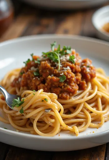 Vegán bolognai spagetti tálalva friss petrezselyemmel
