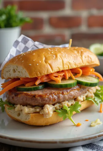 Bánh Mì Thịt Nguội hideg húsos szendvics friss zöldségekkel és korianderrel tálalva.