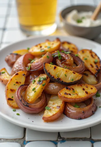 BBQ grillezett lilahagymás pirított krumpli tálalva