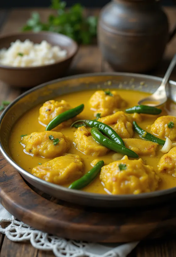 Bhapa Ilish tálalva, gőzölve mustárpasztával és zöld chilikkel
