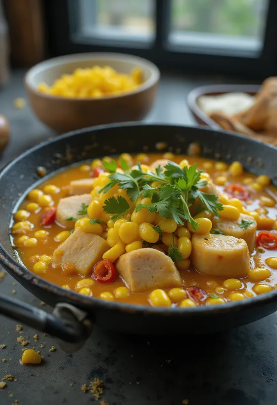 Bicol Express kukoricával, gazdag és ínycsiklandó étel kókusztejjel
