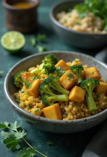 Brokkolis quinoa curry Buddha-tál lime tofuval tálalva