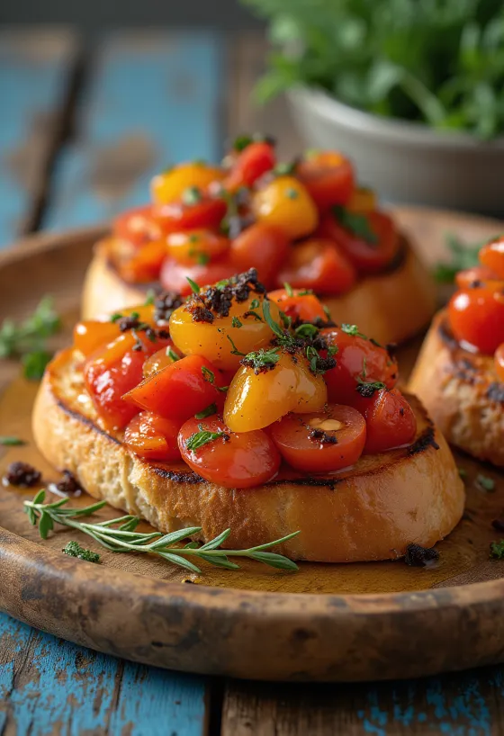 Bruschetta sült paprikával, pirított kenyéren paradicsommal, paprikával és bazsalikommal