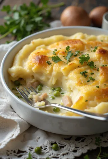 Fish pie fokhagymával, aranybarna krémes burgonyával és halas töltelékkel