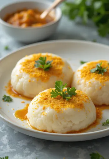 Idli podival indiai étel párolt rizsgolyókkal, tökmaggal és korianderrel díszítve
